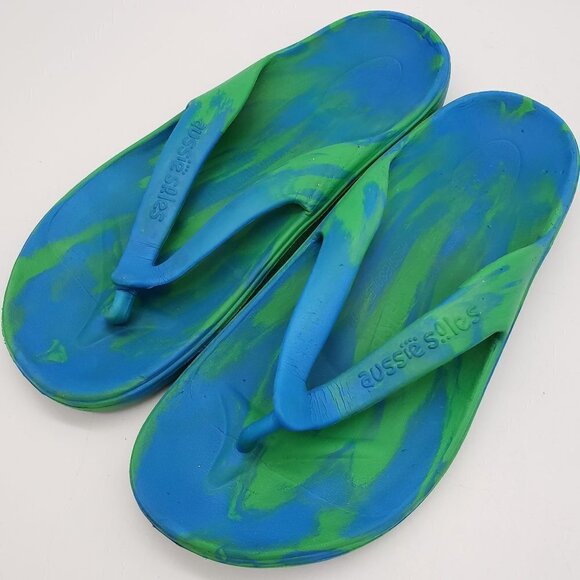 Aussie Soles Blue & Green Starfish Flip Flops Size 43 Mens 10 - Picture 1 of 7